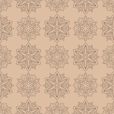 Bej renkli arka plan üzerinde kahverengi çiçek süsleme. Tekstil ve duvar kağıtları için seamless modeli