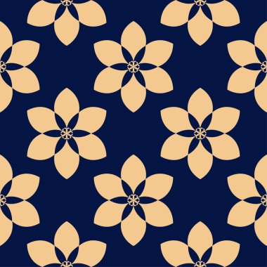 Koyu mavi zemin üzerine altın çiçek süsleme. Tekstil ve duvar kağıtları için seamless modeli