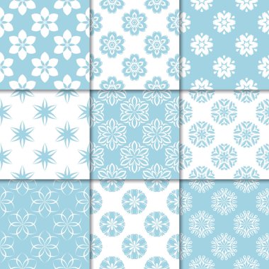 Mavi ve beyaz çiçekli süsler. Kağıt için dikişsiz desen koleksiyonu Tekstil