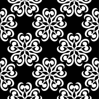 Siyah arka plan üzerine beyaz çiçek süsleme. Tekstil ve duvar kağıtları için seamless modeli