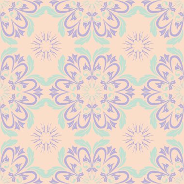 Çok renkli çiçek seamless modeli. Bej renkli arka plan duvar kağıtları, Tekstil ve kumaş için mor ve mavi çiçek öğeleri ile