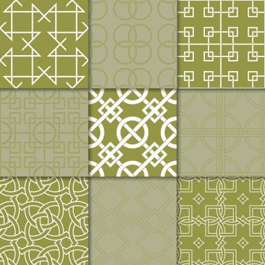 Zeytin yeşili geometrik süsler. Web, Tekstil ve duvar kağıtları için dikişsiz desen koleksiyonu