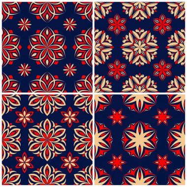 Sorunsuz arka planlar. Duvar kağıtları, Tekstil ve kumaş çiçek desenleri ile mavi klasik bej ve kırmızı belirler