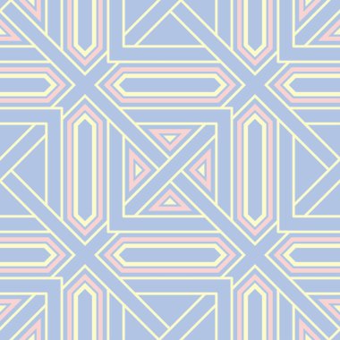 Geometrik desenli sorunsuz arka plan. Tekstil ve duvar kağıtları için mavi zemin üzerinde öğeleri pembe ve bej