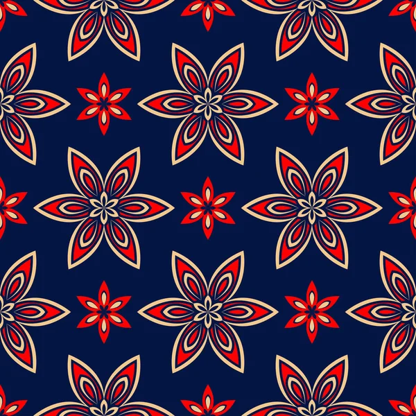 Modré Bezešvé Pozadí Květinový Vzor Béžové Červené Tapety Textil — Stockový vektor