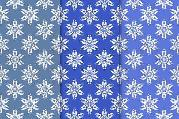 Conjunto Desenhos Ornamentais Florais Azuis Padrões Sem Costura Verticais Para —  Vetores de Stock