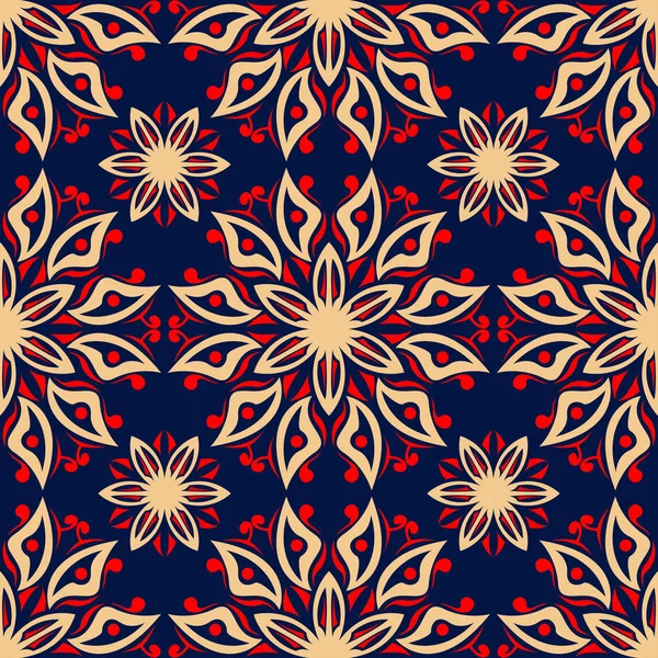 Fondo Sin Costura Floral Azul Con Patrón Rojo Beige Fondo — Archivo Imágenes Vectoriales