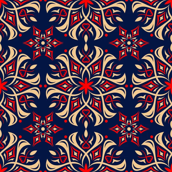 Fondo Azul Sin Costuras Patrón Floral Beige Rojo Para Fondos — Vector de stock