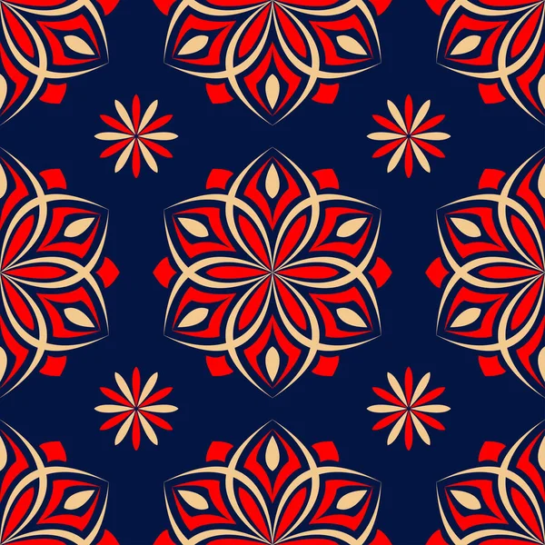 Blå Blommig Sömlös Bakgrund Med Röda Och Beige Mönster Bakgrunden — Stock vektor