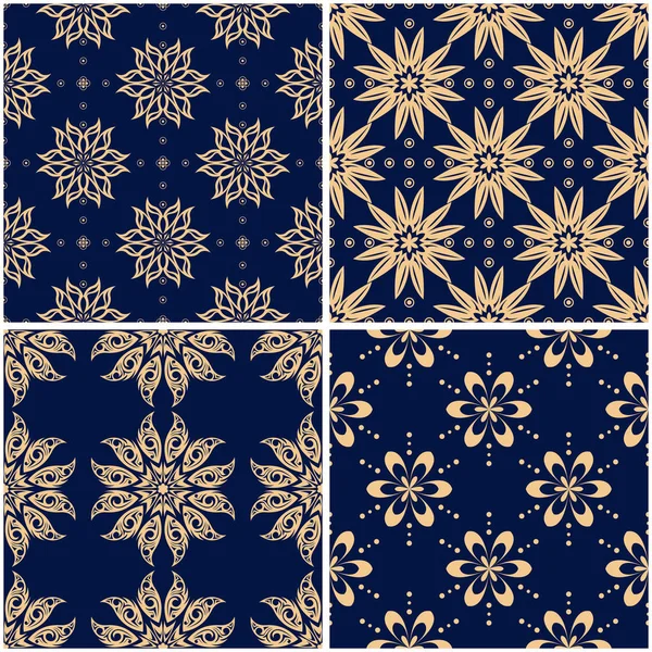Çiçek desenleri. Altın mavi sorunsuz arka planlar kümesi. Vektör illustraton