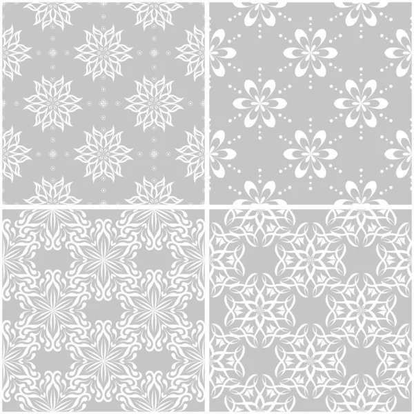 Bloemenpatronen Set Van Grijze Witte Monochrome Naadloze Achtergronden Vectorillustratie — Stockvector
