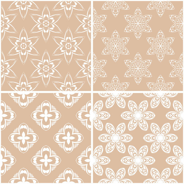 Цветочные узоры. Набор бежевого и белого бесшовных фонов. Векторная иллюстрация
