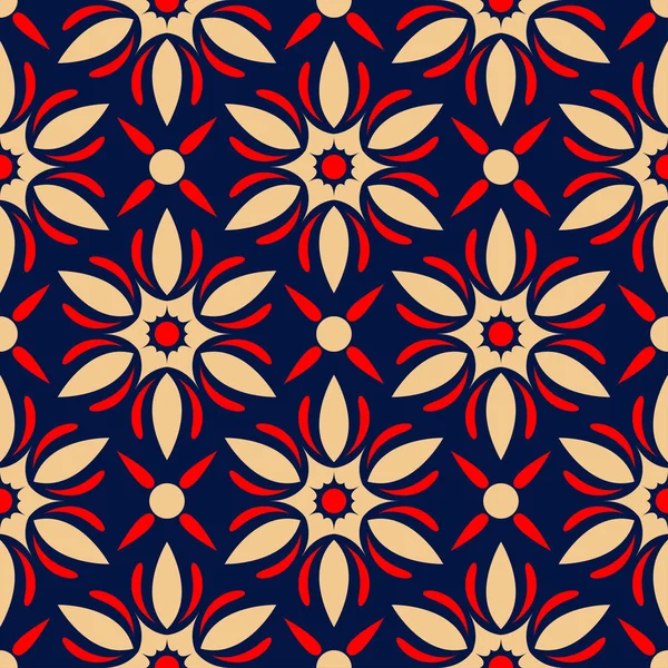 花のシームレスな背景 テキスタイル ファブリックの青い背景の赤とベージュの花要素 — ストックベクタ
