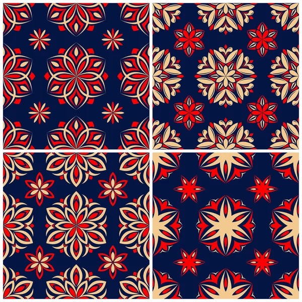 Naadloze Achtergronden Blauw Beige Rood Klassieke Sets Met Bloemmotieven Voor — Stockvector