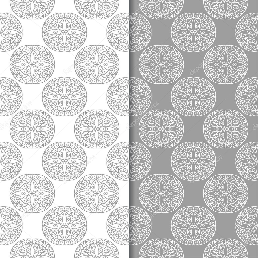 Gray and white geometric ornaments. Set of seamless patterns for web, textile and wallpapers