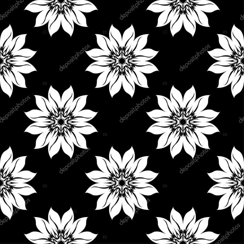 White floral ornament on black background. Seamless pattern for textile and wallpapers