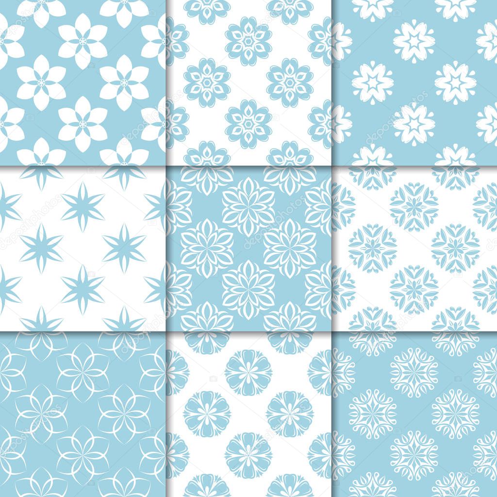 Blue and white floral ornaments. Collection of seamless patterns for paper, textile