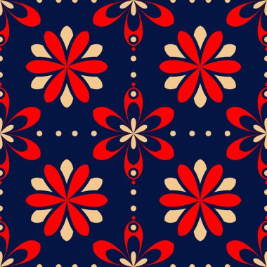 Kesintisiz mavi arka plan. Çiçek bej ve kırmızı desenli duvar kağıtları ve tekstil