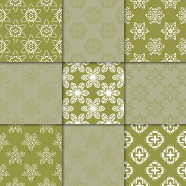 Zeytin Yeşil çiçekli süsler. Kağıt için dikişsiz desen koleksiyonu Tekstil