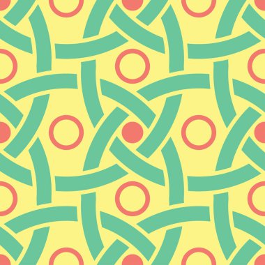 Geometrik seamless modeli. Sarı arka plan duvar kağıtları, Tekstil ve kumaş için pembe ve yeşil tasarım ile