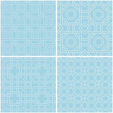 Geometrik desenler. Mavi ve beyaz sorunsuz arka planlar kümesi. Vektör çizim