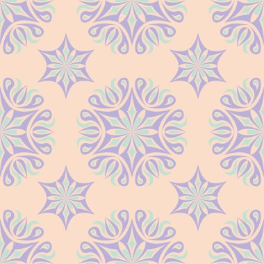 Çiçek seamless modeli. Bej renkli arka plan duvar kağıtları, Tekstil ve kumaş için mor ve mavi çiçek öğeleri ile