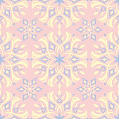 Çiçek soluk pembe seamless modeli mavi ve bej tasarımları ile. Arka plan duvar kağıtları, Tekstil ve kumaş için