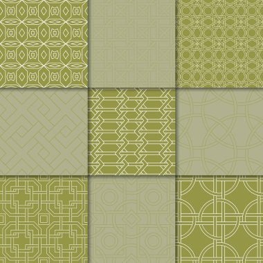 Zeytin yeşili geometrik süsler. Web, Tekstil ve duvar kağıtları için dikişsiz desen koleksiyonu