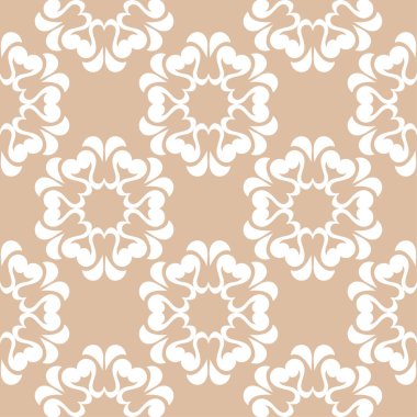 Bej renkli arka plan üzerinde beyaz çiçek süsleme. Tekstil ve duvar kağıtları için seamless modeli