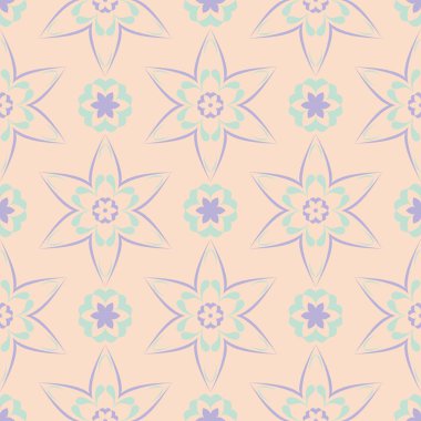 Çiçek seamless modeli. Bej renkli arka plan duvar kağıtları, Tekstil ve kumaş için mor ve mavi çiçek öğeleri ile