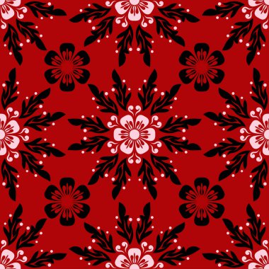 Çiçek sorunsuz arka plan. Kırmızı siyah ve beyaz çiçek deseni. Duvar kağıtları ve tekstil tasarımı için