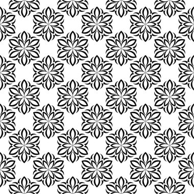 Kesintisiz beyaz zemin üzerine siyah çiçek süsleme. Tekstil ve duvar kağıtları için seamless modeli