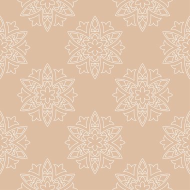 Bej renkli arka plan üzerinde beyaz çiçek süs tasarım. Tekstil ve duvar kağıtları için seamless modeli