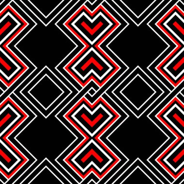 Kırmızı ve beyaz geometrik desenler. Tekstil, kumaş, duvar kağıtları için sorunsuz siyah arka plan