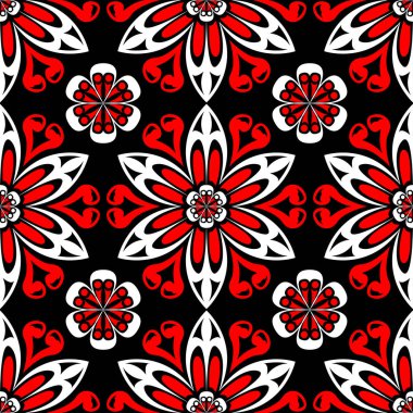 Siyah kırmızı ve beyaz çiçek seamless modeli. Duvar kağıdı, Tekstil ve kumaş arka plan