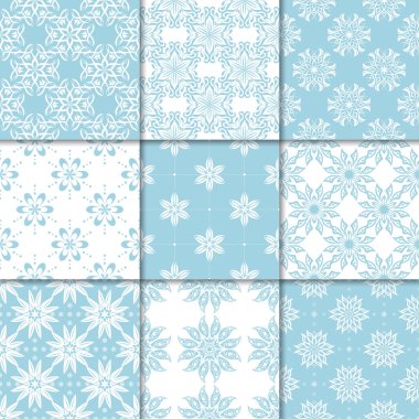 Mavi ve beyaz çiçekli süsler. Kağıt için dikişsiz desen koleksiyonu Tekstil