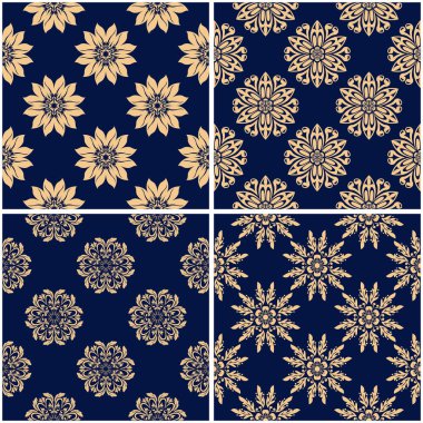 Çiçek desenleri. Altın mavi sorunsuz arka planlar kümesi. Vektör illustraton