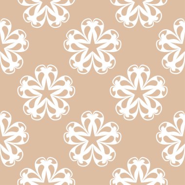 Bej renkli arka plan üzerinde beyaz çiçek süsleme. Tekstil ve duvar kağıtları için seamless modeli