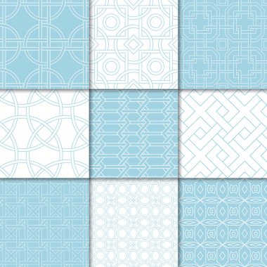 Mavi ve beyaz geometrik süsler. Web, Tekstil ve duvar kağıtları için dikişsiz desen koleksiyonu