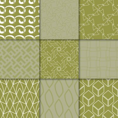 Zeytin yeşili geometrik süsler. Web, Tekstil ve duvar kağıtları için dikişsiz desen koleksiyonu