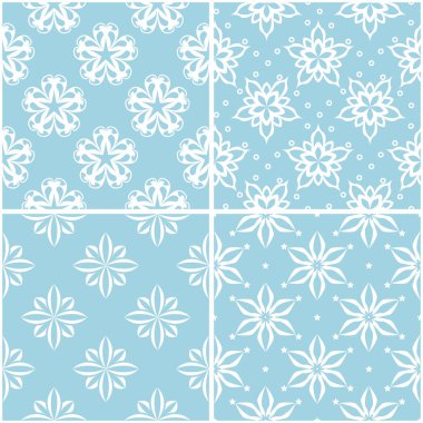 Çiçek desenleri. Mavi ve beyaz sorunsuz arka planlar kümesi. Vektör çizim