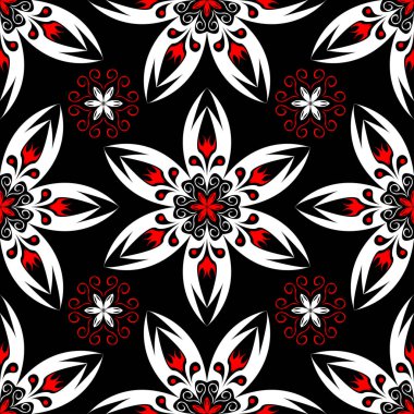 Sorunsuz çiçek desenli. Siyah arka plan üzerinde öğeleri kırmızı ve beyaz.