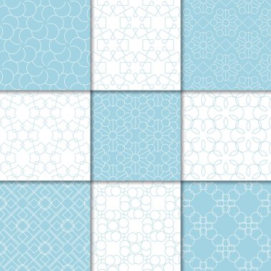 Mavi ve beyaz geometrik süsler. Web, Tekstil ve duvar kağıtları için dikişsiz desen koleksiyonu