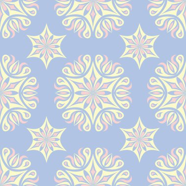 Çiçek seamless modeli. Soluk mavi arka plan duvar kağıtları, Tekstil ve kumaş için bej ve pembe çiçek öğeleri ile