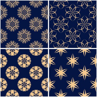 Çiçek desenleri. Altın mavi sorunsuz arka planlar kümesi. Vektör illustraton
