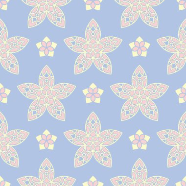 Çiçek seamless modeli. Soluk mavi arka plan duvar kağıtları, Tekstil ve kumaş için bej ve pembe çiçek öğeleri ile