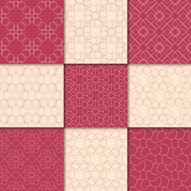 Kiraz kırmızı ve bej geometrik süsler. Web, Tekstil ve duvar kağıtları için dikişsiz desen koleksiyonu