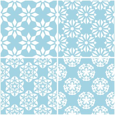 Çiçek desenleri. Mavi ve beyaz sorunsuz arka planlar kümesi. Vektör çizim