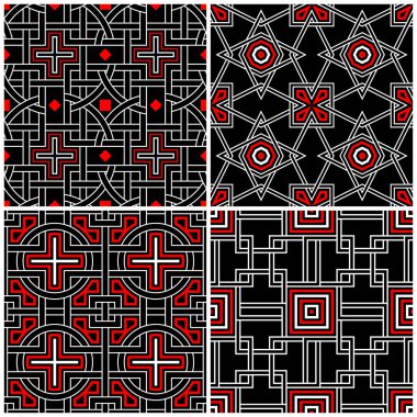 Sorunsuz siyah beyaz ve kırmızı desenler. Klasik geometrik arka plan duvar kağıtları ve tekstil