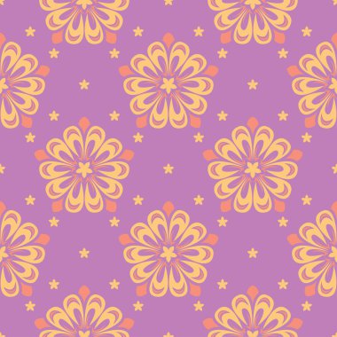 Menekşe çiçek sorunsuz arka plan. Duvar kağıtları, Tekstil ve kumaş için pembe ve sarı parlak desen